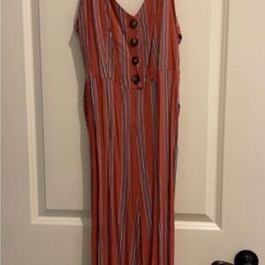 Striped Rust Wide-Leg Jumpsuit with Button Front